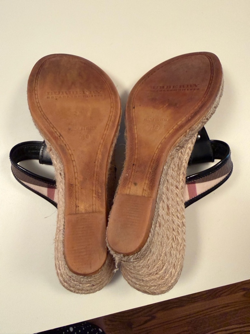 Burberry Wedge Sandals |Black Patent Leather Nova Check Strap Espadrille Size 8 - Picture 9 of 10
